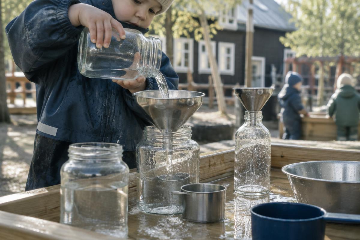 Barn hælder vand mellem glas og tragte