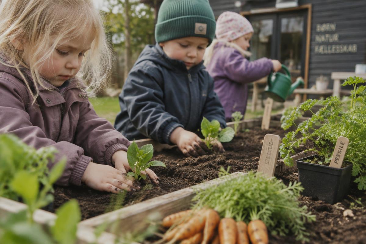 Børn planter små planter i et højbed